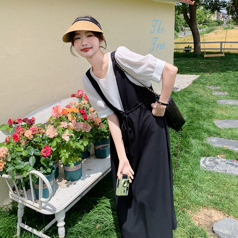 撞色拼接假两件连衣裙女夏季2025新款韩版宽松遮肚设计感休闲长裙,女装连衣裙,浙宝125