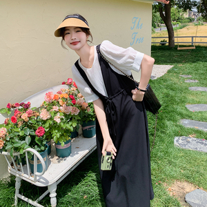 撞色拼接假两件连衣裙女夏季2025新款韩版宽松遮肚设计感休闲长裙图片