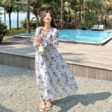 法式度假风长袖碎花连衣裙女2025夏季新款高腰显瘦惊艳绝美长裙子，女装连衣裙，浙宝125