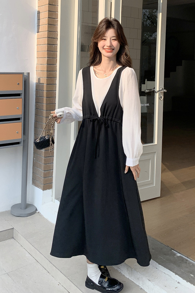 撞色拼接假两件连衣裙女2025春季新款法式设计感收腰显瘦A字长裙,女装连衣裙,浙宝125