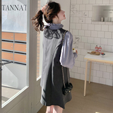韩系气质无袖背心连衣裙两件套女2025春季新款条纹立领衬衫A字裙，女装套装/套裙，浙宝125