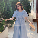 蓝色褶皱连衣裙女夏2025年新款小众设计感温柔风遮肚子显瘦长裙子，女装连衣裙，浙宝125