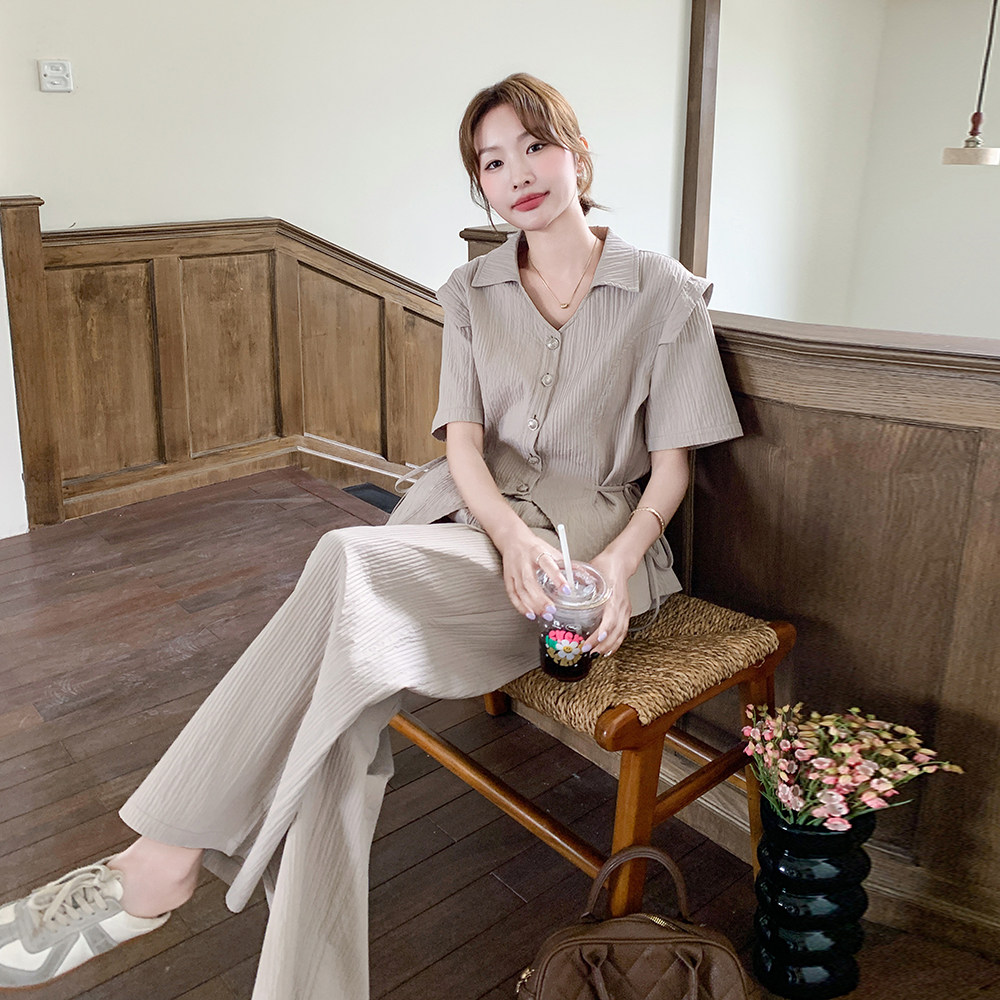 高级松弛感穿搭套装女2025夏新款清冷慵懒风短袖衬衫阔腿裤两件套,女装套装/套裙,浙宝125