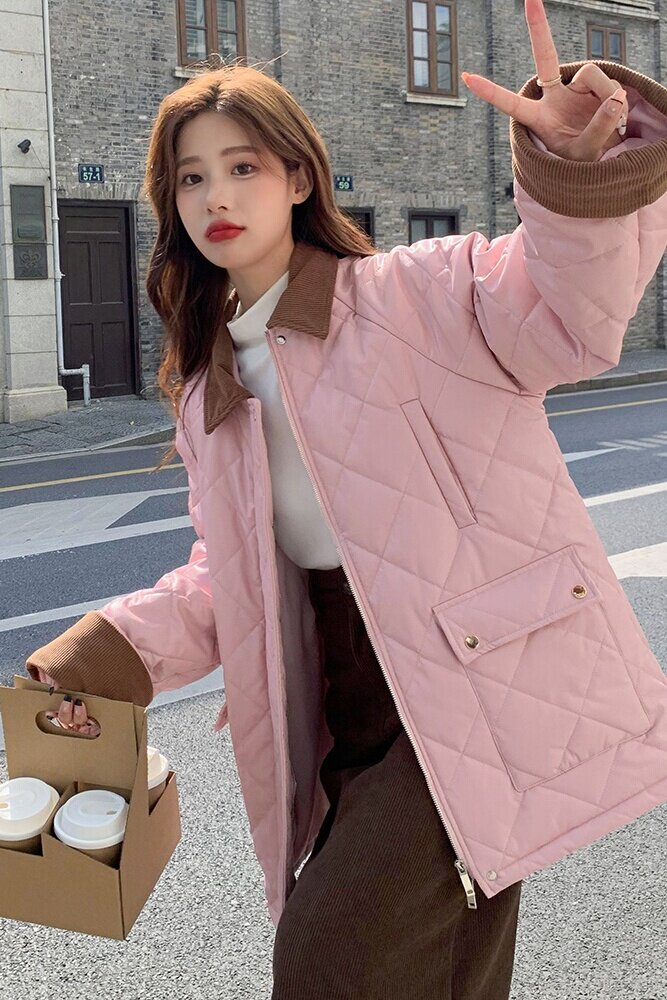 韩系撞色翻领菱格棉服外套女冬季2024新款小个子时髦减龄加厚棉袄,女装棉衣/棉服,浙宝125