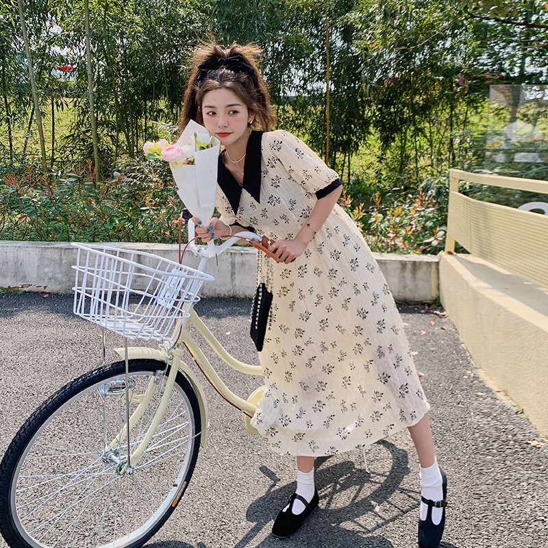 女装法式海军领碎花连衣裙女2025春秋新款显瘦赫本风收腰气质长裙,女装连衣裙,浙宝125