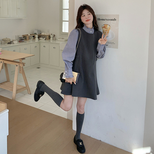 韩系气质无袖背心连衣裙两件套女2025春季新款条纹立领衬衫A字裙图片
