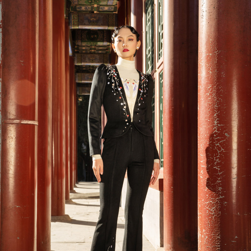 magicq寒夜探梅重工仙鹤梅花刺绣修身羊毛上衣毛呢高腰阔腿裤套装