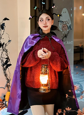 万圣节cos服小魔女蒙娜服装紫色披风角色扮演服饰头箍成人儿童女