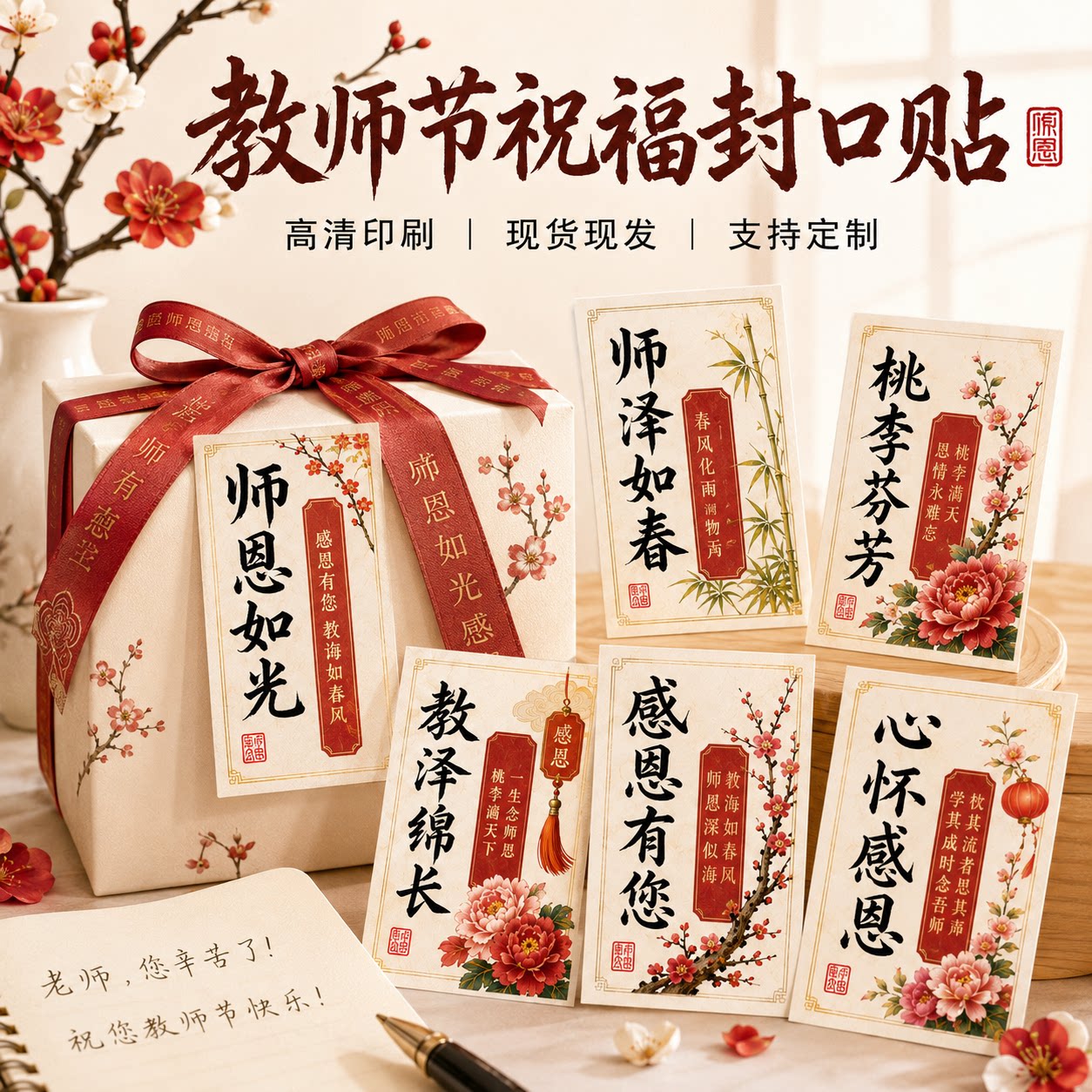 现货教师节祝福封口贴师恩如光不干胶标签红色国风包装贴高粘牢固