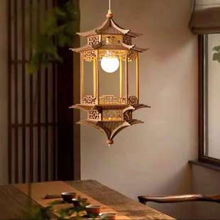 宋氏美学吊灯新中式玄关床头小吊灯茶室禅意古风实木凉亭入户吊灯