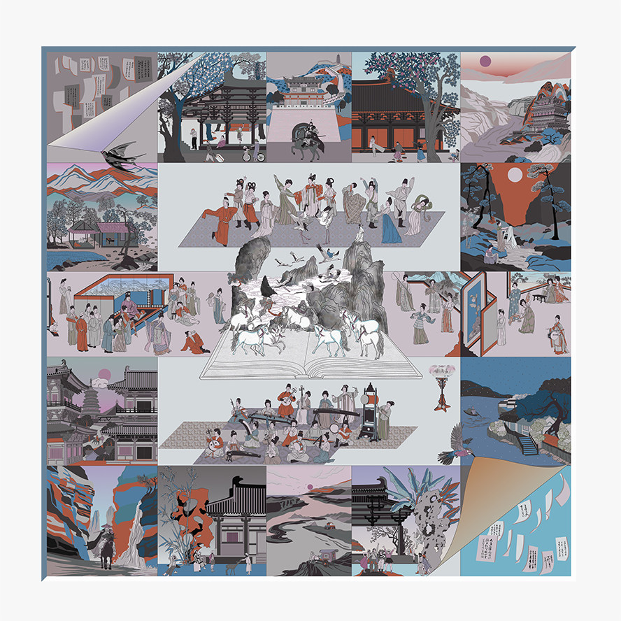 中国专利设计丝巾《梦华大唐》大方巾桑蚕丝定制围巾送礼高端丝巾