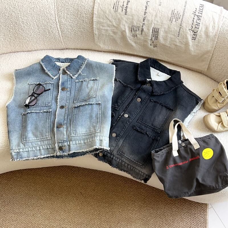 儿童马甲2025男童秋冬新款881中大童韩版多口袋款一体绒牛仔马甲