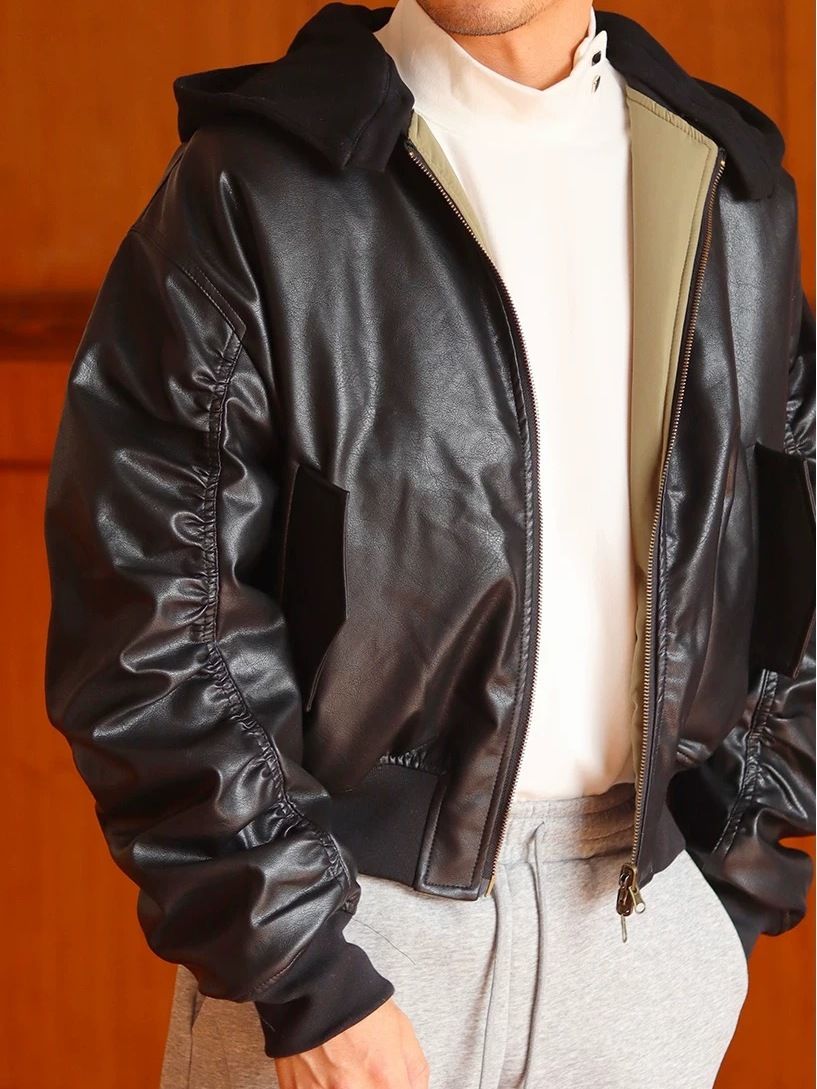 双面可穿夹棉pu皮衣短款飞行员棉衣 可拆卸连帽黑绿落肩宽松夹克