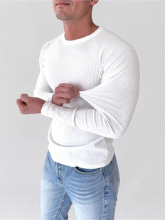 高弹力紧身衣男冰丝凉感窄腰长袖T恤 螺纹肌理感速干运动打底衫