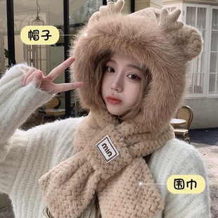 帽子女2025新款秋冬季围巾一体连帽可爱龙宝加厚保暖帽骑车护耳帽