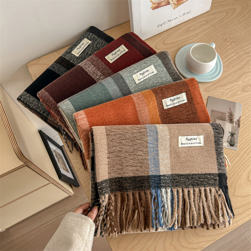 韩版氛围感保暖围脖仿羊绒格子