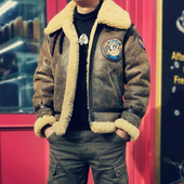 B3皮毛一体轰炸机飞行夹克美式 复古做旧棕色加厚进口羊毛皮草咔叽