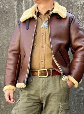 B6皮毛一体飞行夹克COCKPIT款美式复古棕色加厚进口羊毛皮草咔叽