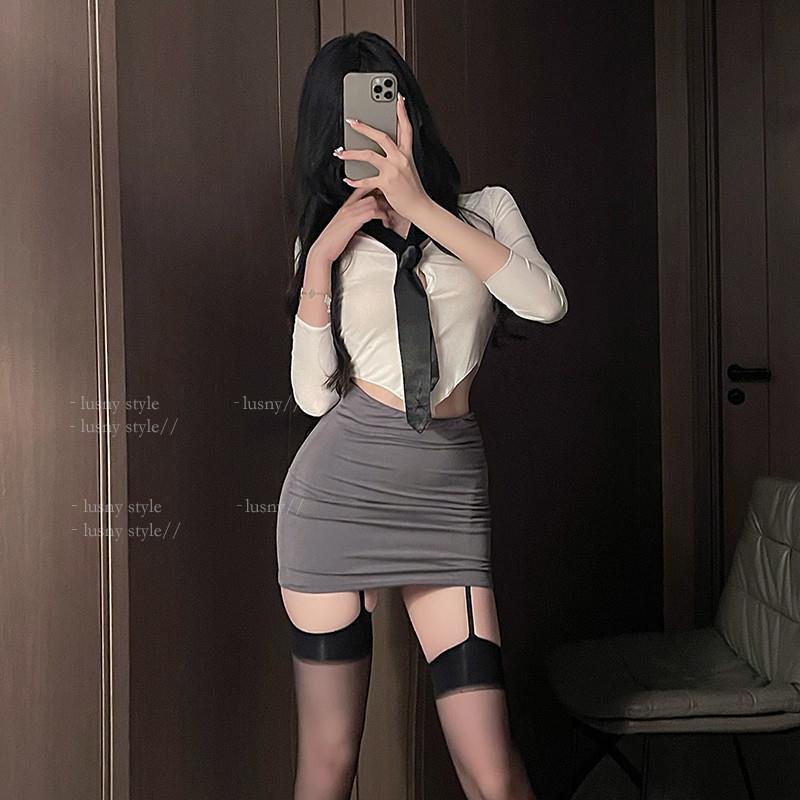 鹿叔:钓系学姐*性感衬衫显瘦辣妹短裙御姐修身半身包臀裙ol套装