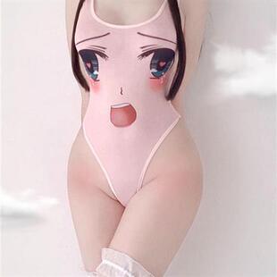 甜美大眼睛t恤表情脸连体衣开档免脱cos卡通二次元泳衣日系死水库