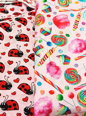 外贸进口纯棉平纹布卡通瓢虫糖果布料手工DIY拼布包包儿童服装