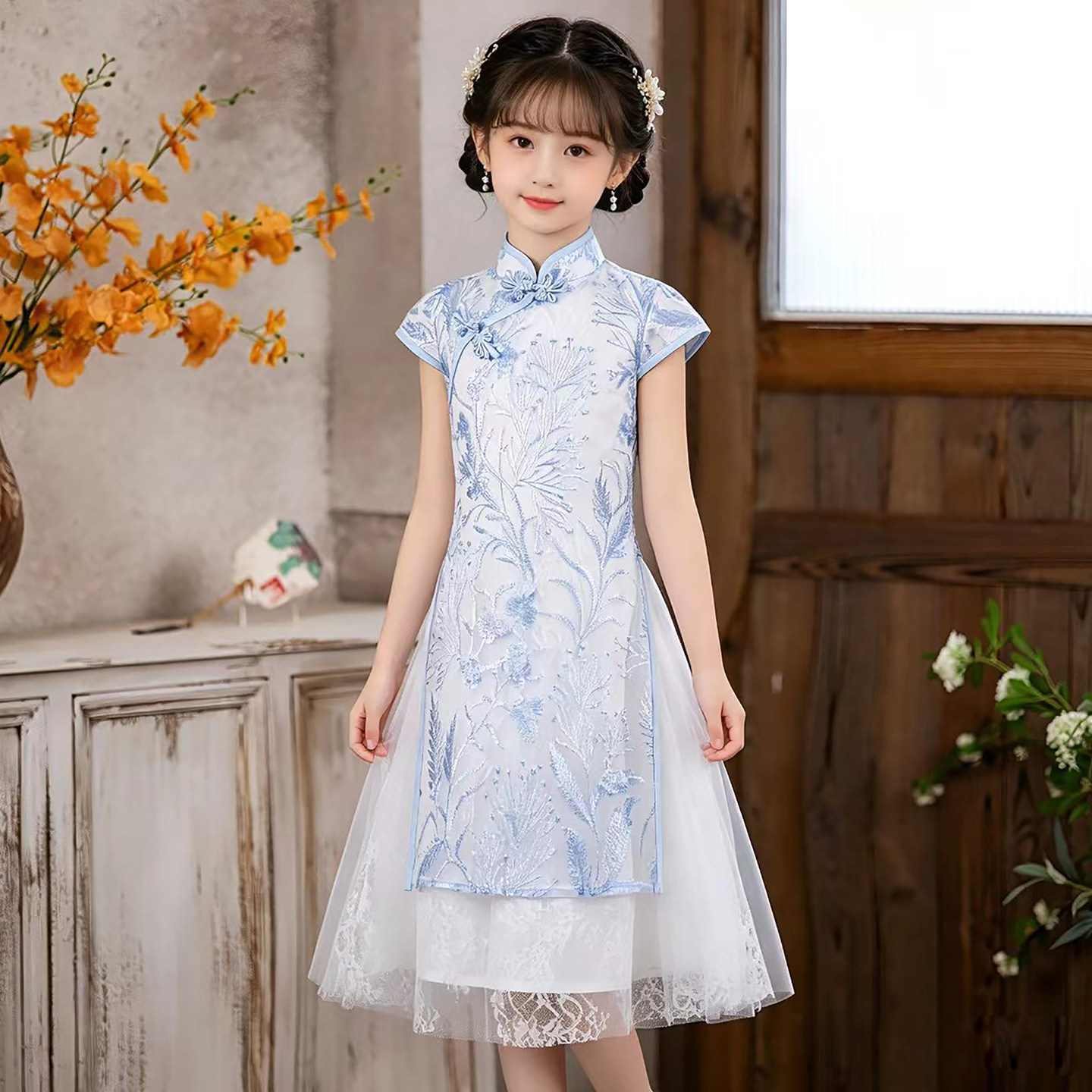 女童新中式旗袍连衣裙古风儿童中国风汉服蓝色女孩古筝演出服夏季