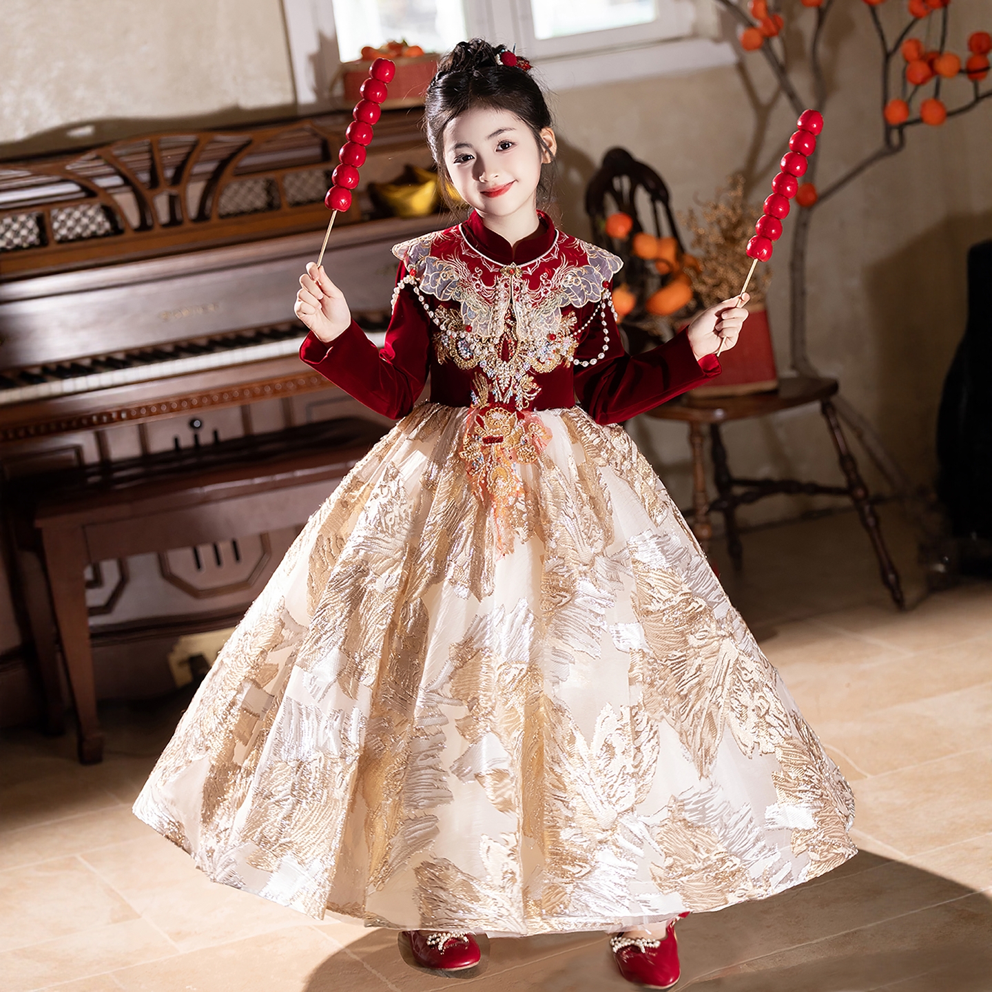 红色国风唐装女童加绒汉服