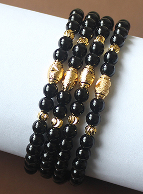 黑玛瑙手链多圈黑色女沙金貔貅