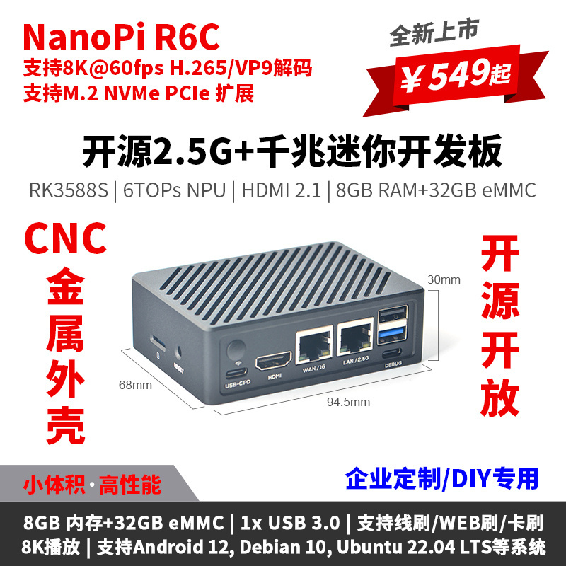 友善Nanopi R6C边缘计算开发板2.5G千兆RK3588S 8+32GB 8K SSD扩 电子元器件市场 开发板/学习板/评估板/工控板 原图主图