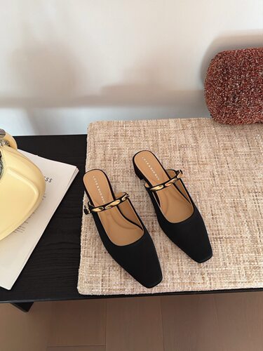 2026新款复古金属扣一字带包头半拖鞋女夏外穿粗跟凉拖懒人拖