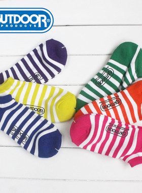 日本OUTDOOR毛巾底运动船袜子 3根纱CA纯棉纱白色系条纹减震吸汗