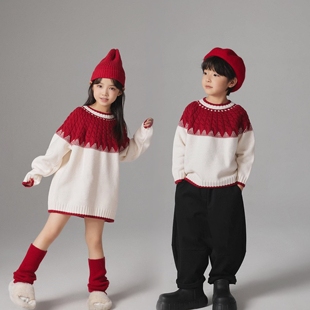 男女童毛衣冬款圣诞儿童红色连衣裙宝宝中长款线衣兄妹姐弟新年装