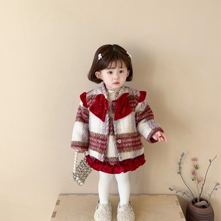 女童小香风套装2025秋冬款韩版小童格子加厚毛呢外套宝宝洋气裙子