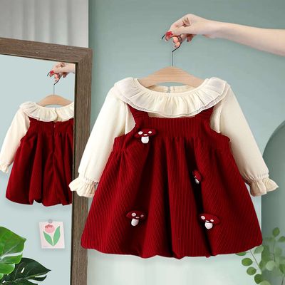 女宝宝秋季洋气连衣裙韩版女童长袖蘑菇公主裙婴儿一周岁红色裙子