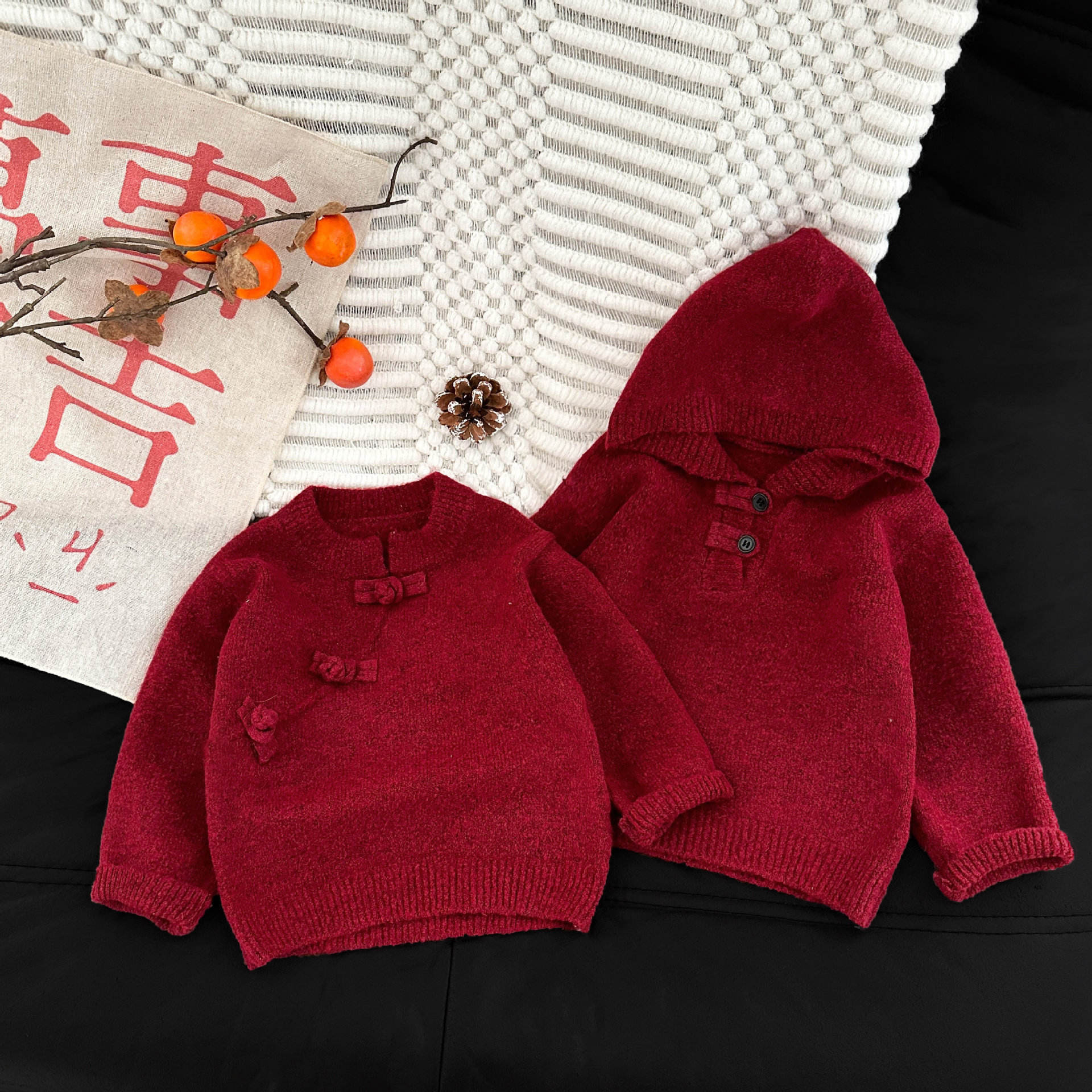 男女童新中式毛衣秋冬装宝宝加厚针织衫婴儿周岁旗袍新年红色衣服