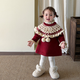 新年装女童中长款毛衣裙宝宝复古针织连衣裙周岁小孩过年红色裙子