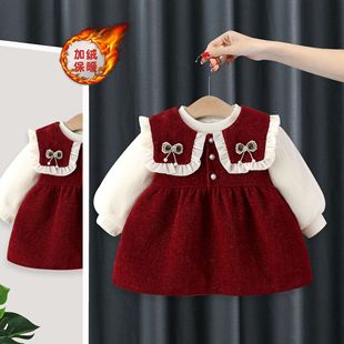 女宝宝加绒连衣裙冬装2女童洋气背心裙1-3岁婴儿周岁红色礼服裙子