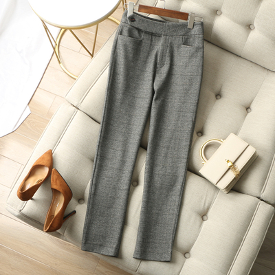 中高腰通勤休闲裤格纹锥形直筒裤