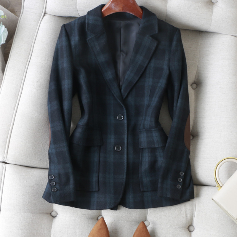格纹拼麂皮绒修身羊毛呢西装外套