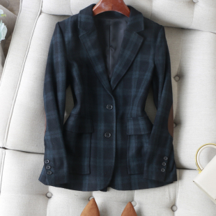 显瘦羊毛呢西装 肘拼麂皮绒修身 外套 英伦格纹袖 时髦睿智女职场人