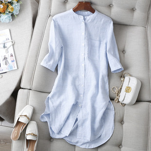 2024夏女装时尚立领直筒显瘦下摆开叉中长亚麻条纹衬衫空调衫开衫