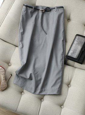 体面通勤BI备~篙级灰色含精纺羊毛H型包臀后开叉半身裙薄夏配腰带