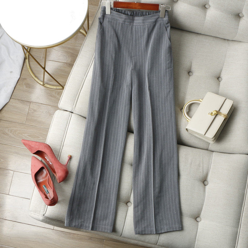 复古英式风~后腰松紧显瘦遮肉 牙签竖条纹休闲直筒阔腿裤长裤女夏