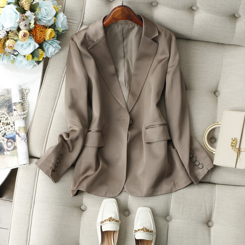 莹润光泽感~丝滑手感 定制古铜金一粒扣修身长袖通勤西装外套女秋