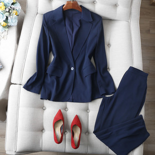 套装 飒爽职场风 松紧腰锥形西裤 外套 女秋 竖纹肌理感中长醋酸西装