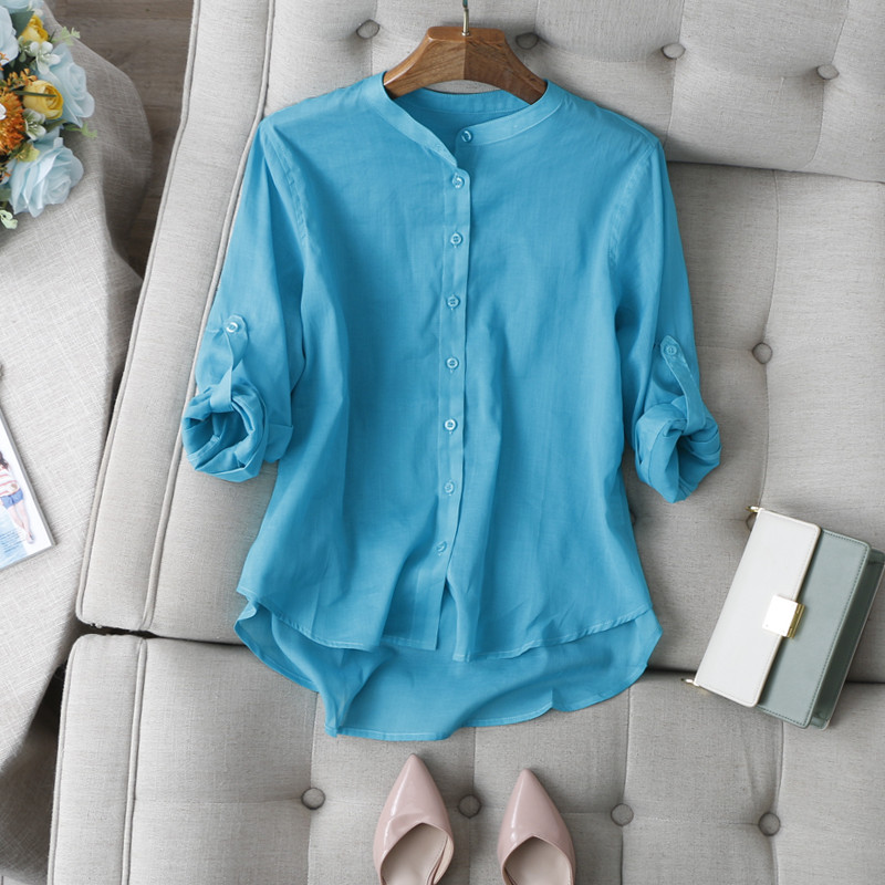 三伏天巨爱！小立领单排扣前短后长下摆两用调节袖透气棉麻衬衫女