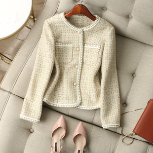 自带群星聚光感~夹亮丝粗花呢圆领真皮镶边珍珠扣小香风短外套女