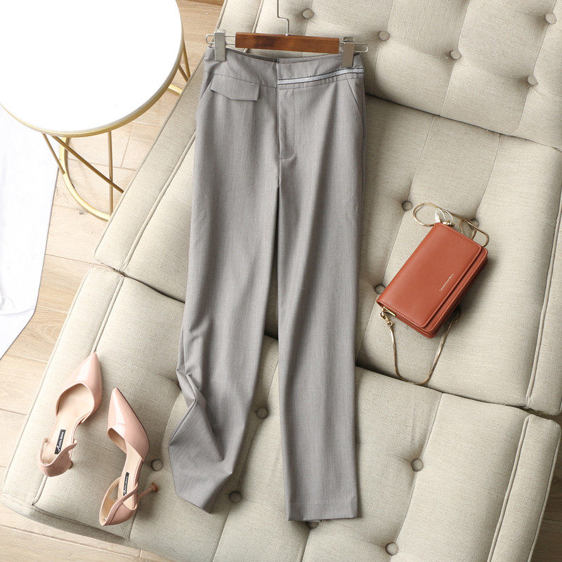 时髦飒美  优雅通勤花灰色撞色织带高腰显瘦微哈伦九分裤锥形裤夏