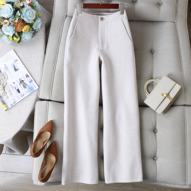 自带高贵属性！小香风嵌亮片高腰绵羊毛双面呢直筒休闲阔腿裤女冬