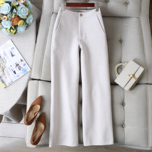 自带高贵属性!小香风嵌亮片高腰绵羊毛双面呢直筒休闲阔腿裤女冬